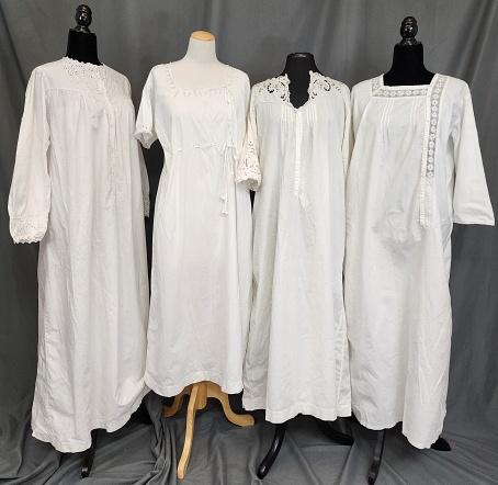 4 Vintage French White Nightgowns: 4 vintage white cotton nightgowns, believed to be French, all appear to be about a today's size Medium. All buttons are present. One has a small tear in the organdy embellishment and a few spots (with