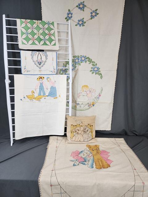 3 Vintage Tinted Cotton Child Sheets and Pillows: Group includes a Vintage Tinted Cotton and hand embroidered Child's Bedcover with Mary and Her Little Lamb, 34x48 inches, very good condition. A Vintage Tinted Cotton and hand embroidered Child's Bedc