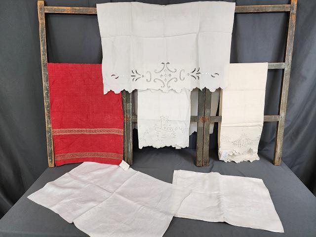 Group of Vintage Towels & Napkins: Group of Vintage Towels. Includes a set of 6 white linen towels with clover, in very good condition; 2 large cotton towels with cutwork, small spots; a linen towel with hand embroidery and eyelet bask