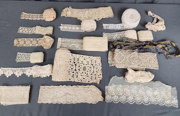 Group of Vintage Lace Yardage: Group of Vintage Lace Yardage. There are 18 vintage lace pieces and one trim. Most of these laces are from the early 20th century. Laces are off white, mostly machine made and include edging and inser