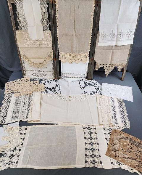 16 Vintage Dresser Scarves, Pieces, Runners-Lace: 16 Vintage Dresser Scarves, Pieces, Runners. Includes group of 16 vintage runners, dresser scarves, dresser pieces. There are 3 small mat size, one with hand needle lace. A small dresser set of 3 of m