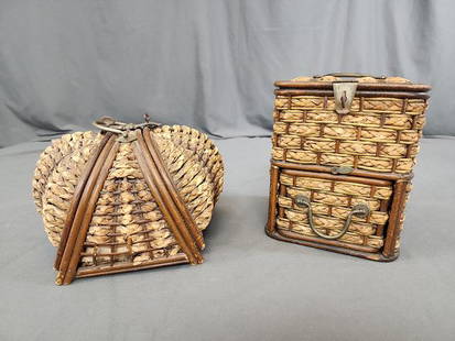 2 Antique Victorian Sewing Baskets: 2 Antique Late Victorian Early Edwardian Sewing Baskets, possibly German, including a rectangular one measuring 7x7x8 inches with a flip top and drawer. Has a green silk interior. In good condition wi