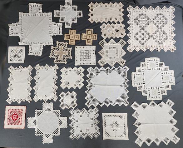 Vintage Hardanger Group 1 - Doilies: Vintage Hardanger Group 1 - Doilies. Group includes 22 vintage hand executed Hardanger aka Swedish embroidered doilies. Mostly white and off white, linen and cotton, and range in size from 6.5 x 6.5 i