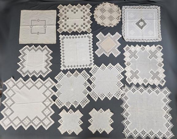 Vintage Hardanger Group 2 - Doilies: Vintage Hardanger Group 2 - Doilies. Group includes 14 vintage hand executed Hardanger aka Swedish embroidered doilies. Mostly white and off white, linen and cotton, ranging in size from 10 x 10 inche