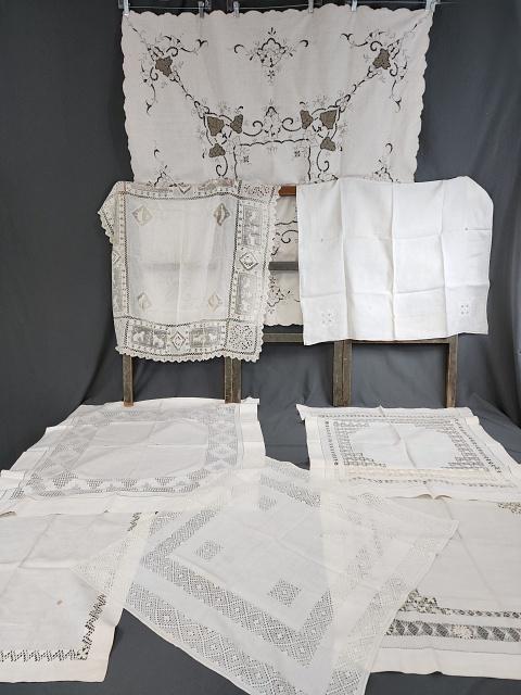 8 Vintage Table covers - Drawnwork & More: 8 Vintage Table covers - Drawnwork & More. Most have drawnwork with some embroidery, cutwork, needle lace, and other lace. Cotton and linen. Measure in size from 22" x 22" to 47" x 47". Overall good t