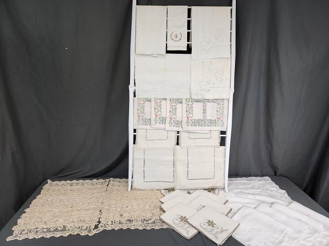Vintage Linens - Placemats, Napkins, Towels, more: Group of vintage linens including a white set of 4 linen placemats with napkins with embroidery and cutwork, good condition, small spots. 12 Woven Filet Net Lace placemats, good condition, a few small
