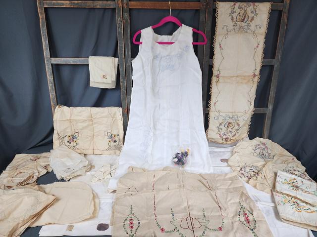 Vintage Embroidery Linens Pillowcases to Finish: Group includes 6 cotton pillowcases with hand embroidery, a pair, and a set of 4; a linen dress, size medium to embroider with embroidery thread, and many small linens, some need to completed, some no