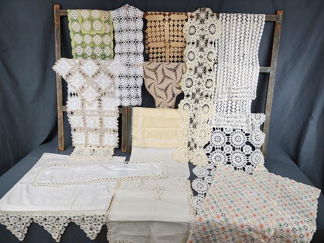 19 Vintage Table Runners with Crochet: 19 Vintage Table Runners or Dresser Scarves all with crochet, various lengths and widths. Some are entirely crocheted, some are linen with crocheted edge. A few pairs, mostly singles. One linen damask