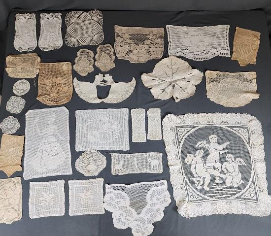 28 Vintage Filet Crochet Lace Doilies: 28 vintage filet crochet and lace doilies and antimacassar pieces with hand filet crochet and a few machine filet lace pieces. Motifs includes cherubs, flowers, leaves, birds, ladies, houses, dogs, a