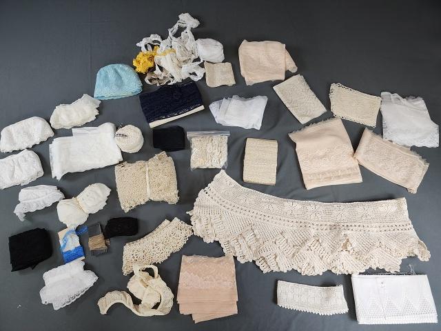 Vintage Lace Group: Filet Crochet, Eyelet, more: Group of vintage lace and trim including hand made filet crochet, woven net lace, and machine eyelet trims and other machine laces. In overall good to very good condition. If you have any doubt, pleas