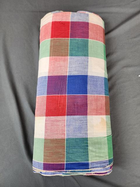 Vintage Cotton Plaid Fabric: Vintage colorful plaid cotton fabric measuring 34 by 15 yards. In overall good condition, it does have some storage line discoloration and water staining which should soak out. If you have any doubt, 