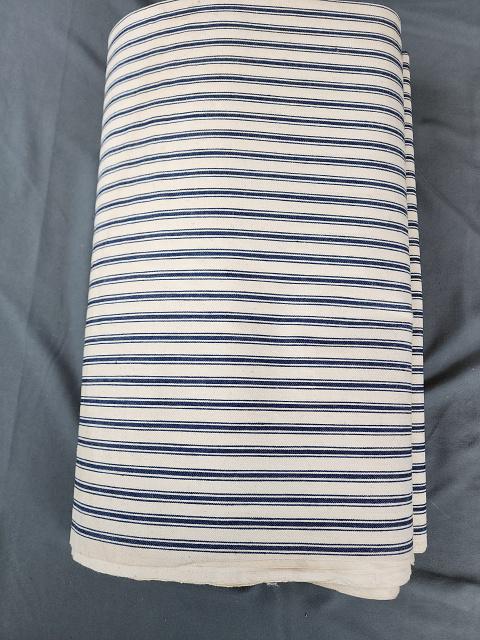 Antique White and Blue Stripe Ticking Fabric 8.5 yds: Antique White and Blue Stripe Cotton Ticking Fabric measuring 32 inches by 8.5 yds. Has small spots. If you have any doubt, please ask questions! We will provide extra pictures, or can schedule an in