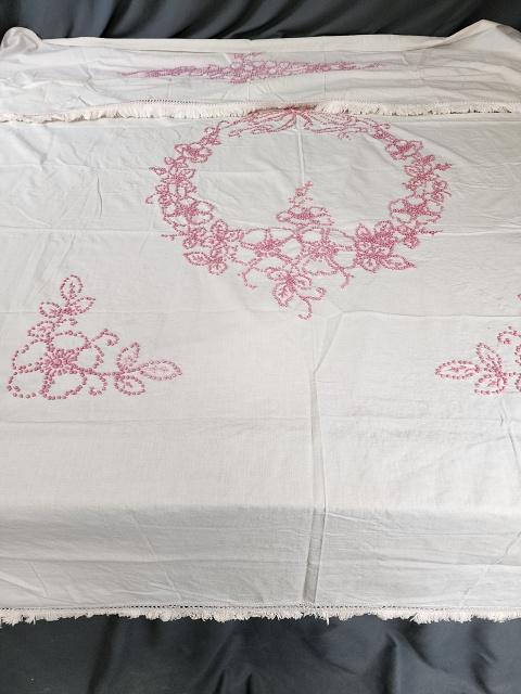 Vintage Pink Popcorn Bed Cover with Pillow Lay Over: Vintage Pink Popcorn Bed Cover with Pillow Lay Over, white with pink popcorn embroidered stitches. Measures 74x70 inches with 74x21 inch pillow lay over. Condition is fair with spots, some color bleed