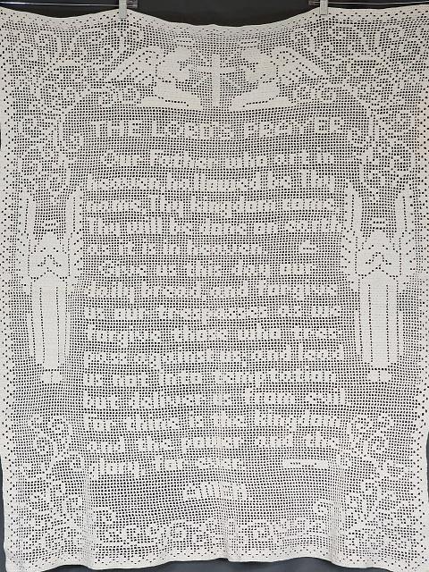 Antique Filet Crochet Lords Prayer Bed Cover: Antique Filet Crochet Lords Prayer Child's Bed Cover or would be lovely hanging on a wall. It measures 40x46 inches and features angels and a cross in addition to the Lord's Prayer. In very good condi