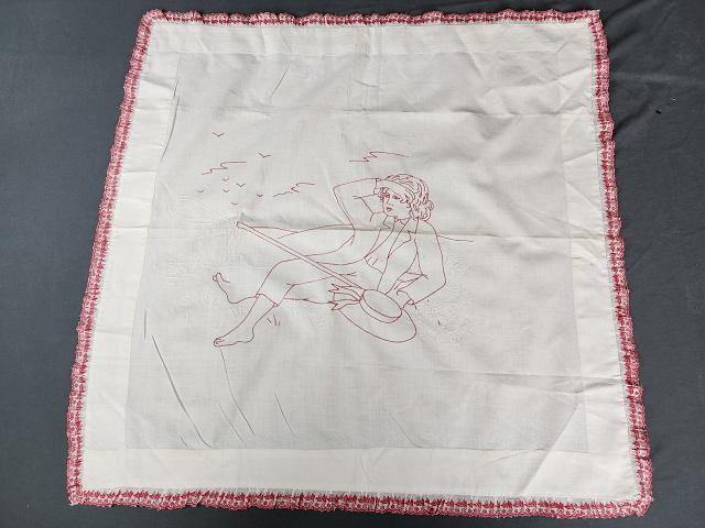 Antique Red Work Embroidered Pillow Lay Over: Antique Red Work Embroidered Pillow Lay Over of a lounging shepherd. Measures 30.5x29.5 inches. In very good condition with just a few small marks. Unique design. If you have any doubt, please ask que