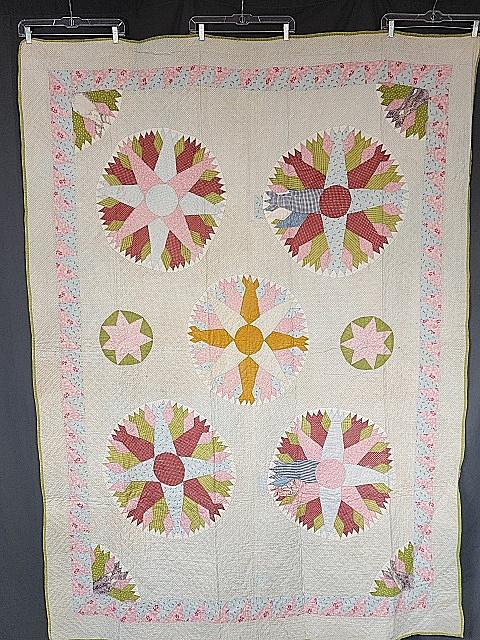 Antique c1850 Chips and Whet Stones Quilt: Antique c1850 Chips and Whet Stones Quilt measuring 61 x 83 inches. Quilt has 5 round blocks measuring 20" diameter, appliqued in the center of the quilt with an additional 7.5" round stars in circles