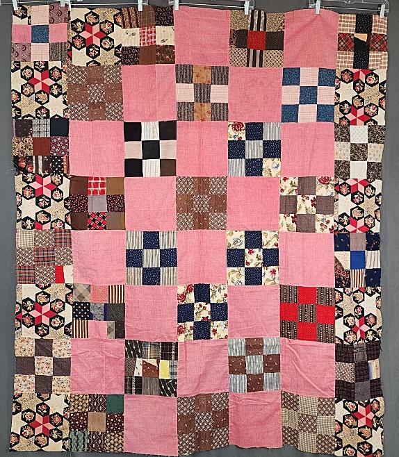 Antique 9 Patch Quilt Top with Patchwork Print (1 of 9)