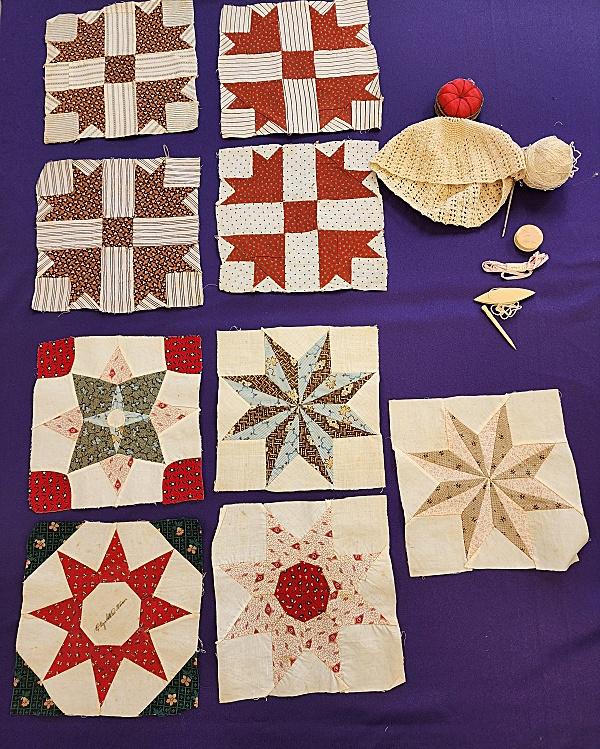 Antique Quilt Blocks and Needlework Notions: Group includes 5 c1850 quilt blocks in different stars, one has an ink name inscription Elizabeth D Horner. Also 4 c1880 Turkey Tracks blocks. Blocks are in good condition, minor spots. Also includes 