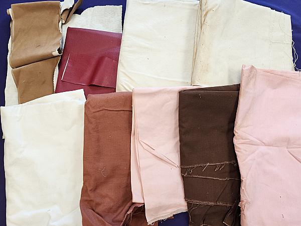 Vintage Misc Fabrics-Leather, Canvas: Includes 2 pieces of faux leather or suede fabric. The red is 34x38 inches. Camel is a scrap. There are 2 pieces of off white cotton canvas fabrics, both are 50"x2 yards, storage discoloration and spo