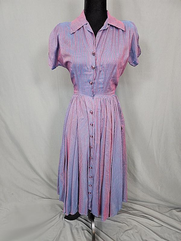 Vintage R and K Original Batiste Dress: Vintage R and K Original Batiste Dress. Blue and red strip cotton batiste dress with purple buttons going down the front. Dress has a purple and turquoise iridescent look to it. Buttons may not be ori