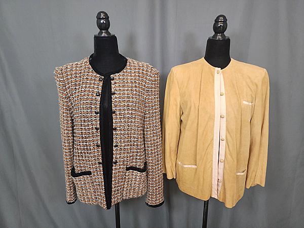 2 Vintage Ladies Blazers - Tweed, Suede: 2 Vintage Ladies Blazers - Tweed - Suede. Includes a vintage ladies' wool blend blazer with black velvet trim by Castleberry, size 16, measures laying flat, 18" across the shoulders and 25" arms, has 