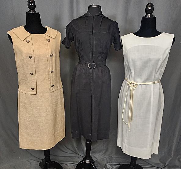 3 Vintage Sheath-Style Linen-Blend Dresses: 3 Vintage Sheath-Style Linen-Blend Dresses. Includes a black, cotton-linen blend, belted dress with cut-outs at shoulders and arms, pockets, tag by Dee Dee Johnson of Moy Gashel Linen, zippers up the