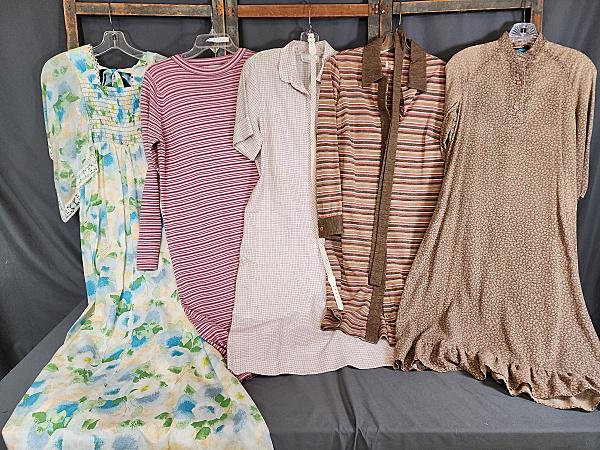 5 Vintage Girls Dresses - Country Miss, Flair: 5 Vintage Girls Dresses includes a smocked bust maxi dress with flowing sleeves and lace trim by Flair for Young Teens Lord & Taylor, size 10, measuring flat waist 12 to 15", 43" long from the waist. 