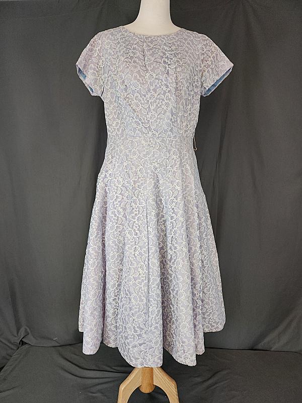 Vintage Blue Lace Party Dress: Vintage c1960s party dress with pale blue lace over a lavender taffeta, appears to be homemade, fit-and-flare style, measures laying flat - 18" bust, 16" waist and roomy at the hips, metal back zipper