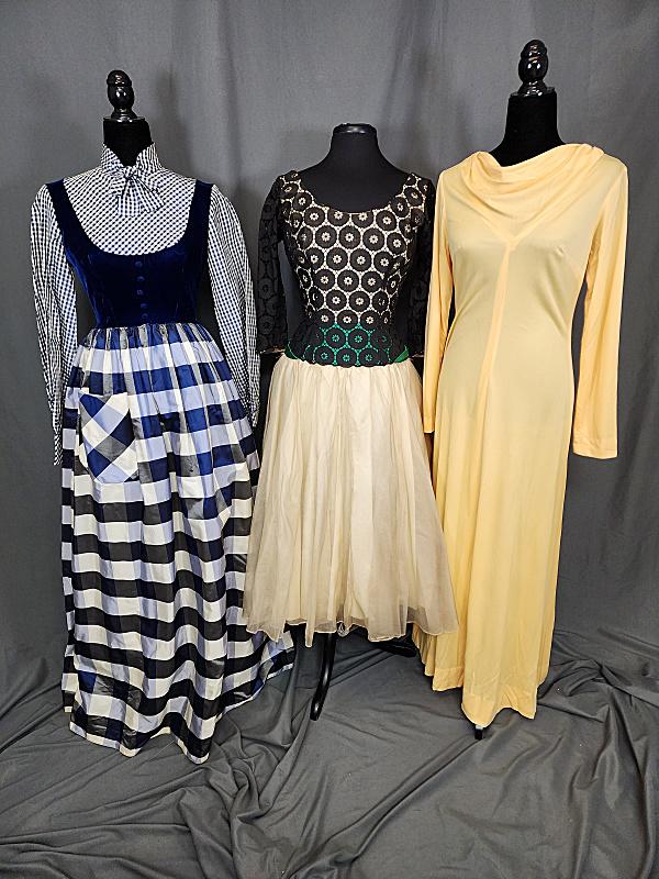 3 Vintage Ladies Dresses - Rudolf: 3 Vintage ladies dresses. Includes an ivory silk taffeta with black lace bodice and ivory chiffon overskirt, has a green sash belt that ends in a bow in the back, metal back zipper, tag says Original 