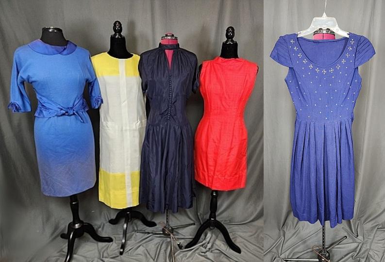 5 Vintage Dresses: 5 Vintage Dresses. Includes a black taffeta dress with buttons in the front, back zipper, measures laying flat: 17" bust, 14" waist and 18" hips; a blue wool knit dress with taffeta lining and taffeta