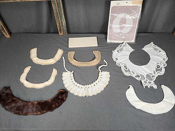 Group of 8 Vintage Collars - Fur, Pearls, more: Group of 8 vintage collars including 2 with possibly rabbit and pearl beads, a heavily beaded pear collar with box, a brown fur collar, a white sequin collar, a large Battenberg and cotton collar or y