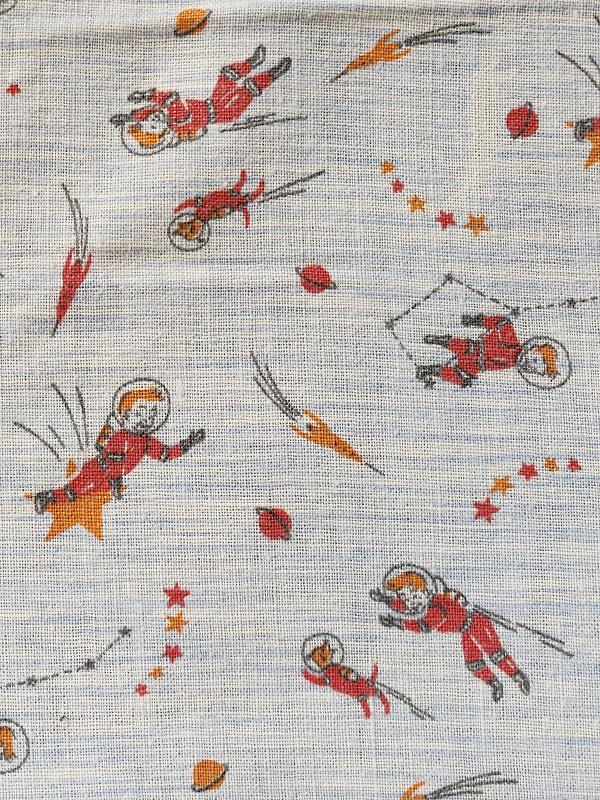Vintage Printed Feedsack - Novelty Astronaut: Vintage Printed Feedsack - Novelty Astronaut. Full vintage printed cotton feedsack, blue and white striated ground with red, orange and gray motifs of child and dog astronauts, rocket ships, stars, an