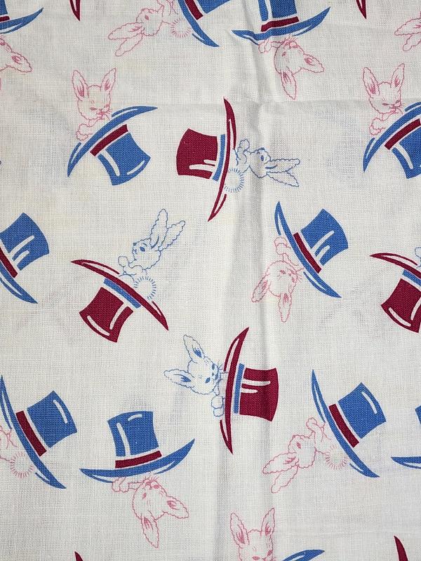 Vintage Intact Printed Feedsack - Rabbit in Magician Hat: Vintage Full Intact Printed Feedsack - Rabbit in Magician's Hat. White ground with burgundy and blue magician's top hats with pink and blue bunny rabbits. In good condition, small spots and may have h