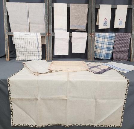 Group of Vintage Homespun Towels, more: Group of vintage homespun, linen, and cotton towels, and other small textiles. There is a pair of linen with blue stripe, 4 huck linen towels, a pair with His and Her, a blue linen with HC in petit po