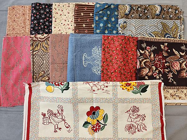 7 lbs Quilt Fabric 1990-2010 - Reproductions: 7 lbs Quilt Fabric 1990-2010. 16 pieces of fabric in blues, reds, browns, greens. Patterns include florals, leaves, dots, cows, birds, pigs. Includes Kaye's Kitchen by Kaye England for Benartex, Voice