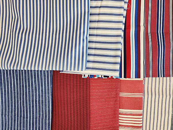 10 lbs Home Decor Fabric 1990-2010 - Stripes: 10 lbs Fabric 1990-2010. Includes 9 mostly home decor fabric pieces, red, blue and white stripes and ticking, by Home Seasons by Waverly, Bloomcraft and more. In overall good to very good condition. F