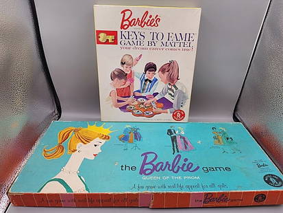 Two Vintage Barbie Games 1960s: Two vintage Barbie games including the Barbie Game Queen of the Prom, a fun game with real life appeal for all girls. By Mattel 1960. It appears to be missing to pawn pieces. In fair condition with we