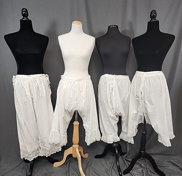 4 Vintage White Cotton Bloomers - Split Crotch: 4 Vintage White Cotton Bloomers. Two are split crotch, the other 2 open at the sides. They all are adjustable with drawstring, even the one with a button closure has an adjustable drawstring waist. Th