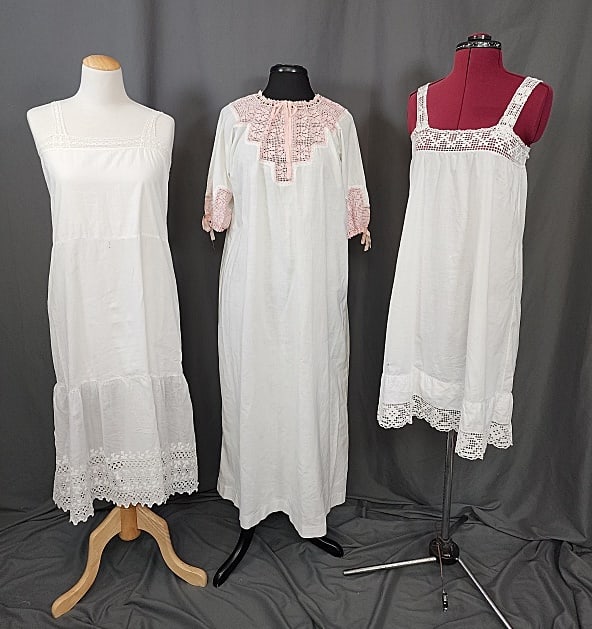 2 Vintage Edwardian White Slips & Nightgown: 2 Vintage White Slips & Nightgown. Includes one slip with commercial lace and machine eyelet lace and embroidery on the hem, has a tear in the lace; one slip with filet crochet has small tear on back 