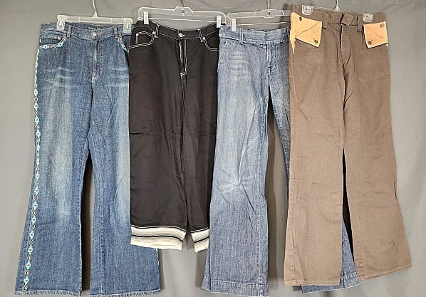 4 Vintage Demin Jeans - Gaultier, Lauren: 4 Pairs of Vintage Demin Jeans. Includes Lauren Jeans Co with turquoise beading along pockets and down leg, size 14. Citizens of Humanity by Jerome Dahan sz 28 (leg bottoms are frayed). Black pair of