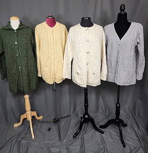 4 Aran Craft Ireland Cardigan Wool Sweaters - Sz L: 4 Aran Craft & Kilronan Ireland Cardigan Wool Sweaters. Includes a forest green Kilronan 6-button cardigan, wool-viscose blend, size large, in very good condition; a white Aran Craft 100% merino wool