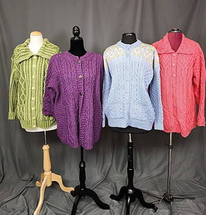 4 Wool Women's Sweaters - Aran, Kilronan: Includes a purple Kilronen, size large, wool, baby doll style cardigan, in good condition; a green Aran Craft cardigan with a surplus collar, size large, in good condition; a blue with peach and white