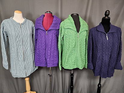 4 Wool Women's Zip Sweaters - Aran, Kilronan: Includes a purple Aran Crafts, size large, merino wool, cardigan, minor pull; a green Aran Craft cardigan with collar, size large, blue Aran Crafts, size large, and a grey blue Aran Craft cardigan, si