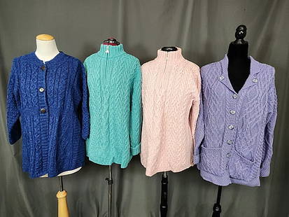 4 Wool Women's Sweaters - Aran, Kilronan: Includes a blue baby doll style sweater, Kilronan brand, merino wool, sz large. Aqua pull over sweater with half zipper in front, shamrock silver tone charm on zip, sz XL, Aran Crafts brand. Pink pull