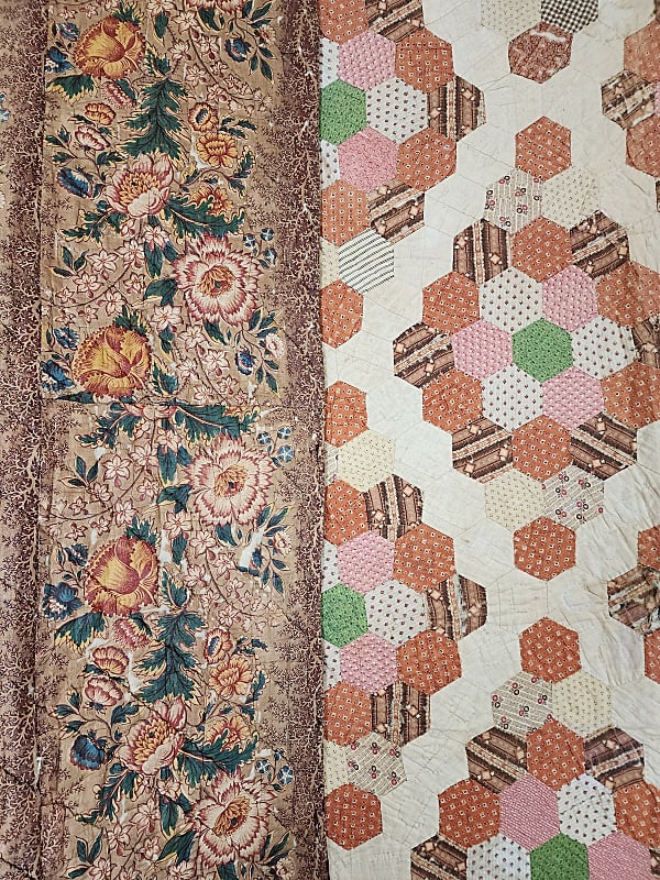 Antique c1870 Hexagon Quilt with 1840 Chintz Quilt (1 of 20)