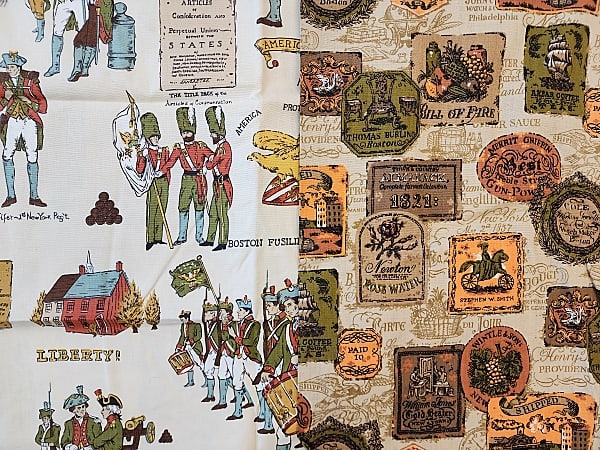 2 Vintage Cotton Home DÃ©cor Colonial Prints: 2 Vintage Cotton, Home Decor Colonial Prints. Group includes ''Sound the Call'' by Waverley Fabrics fragment measuring 48'' wide. Along with 3 pieces in shades of brown, orange, and green all measurin
