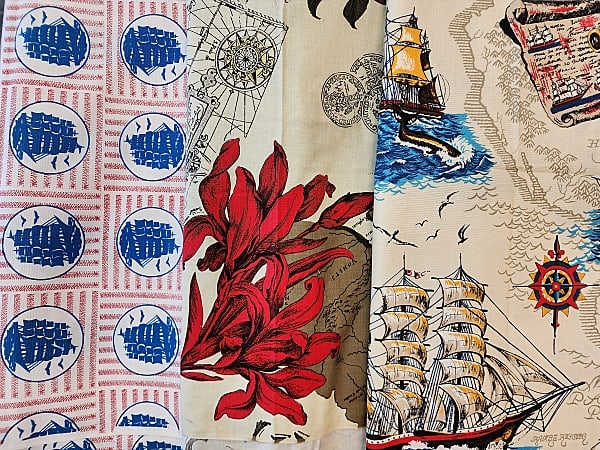 Group of 3 Nautically Themed Cotton Home Decor Weight Fabrics: Group of 3 Nautically Themed Cotton Home DÃ©cor Weight Fabrics. Group includes Red, white, and blue ship cotton fabric measuring 5 yards, 45'', by Klopman Mills 1973. Map print light weight cotton f