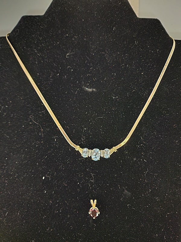 14K Gold and Blue Topaz Necklace and Garnet Pendant (1 of 9)