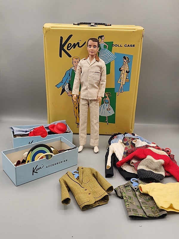 Vintage 1960 Flocked Ken, Case, Clothing, More: Vintage 1960 Flocked Ken, Case, Clothing, More. Ken with brunette flocked hair dressed in his brown pinstripe pajamas. He comes with his yellow ponytail doll case from 1961. Several outfits and access