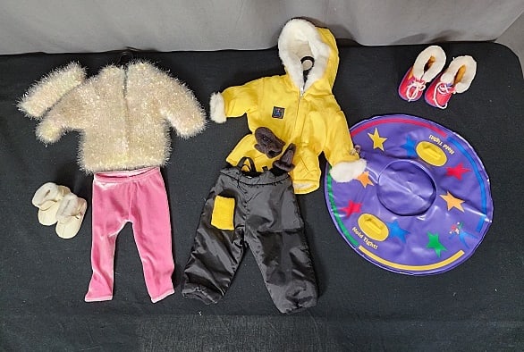 American Doll Today Winter Group: American Girl Doll Winter Group includes. American doll pastel pink and yellow snowball sweater & frosted pink leggings outfit with ivory booties (retired). Also includes an american doll today "Terri